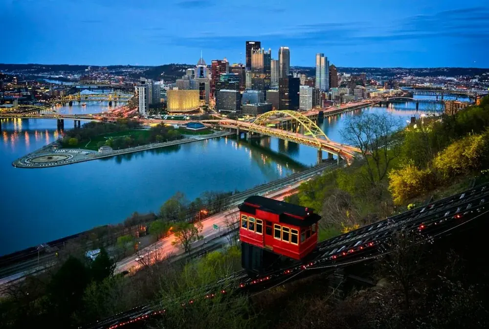 aerial photo of bridge and buildings under blue sky