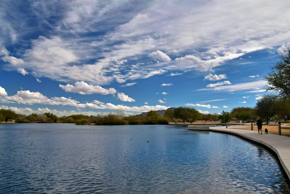 a body of water surrounded by trees and people