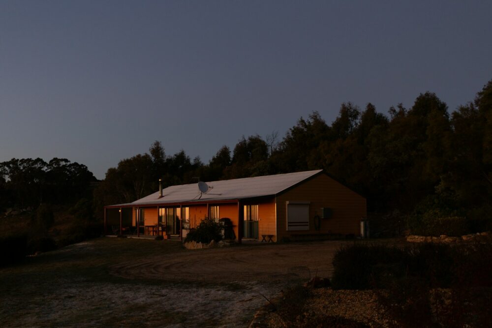 brown wooden house near trees during night time
